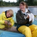 2 kids posing with walleye fish